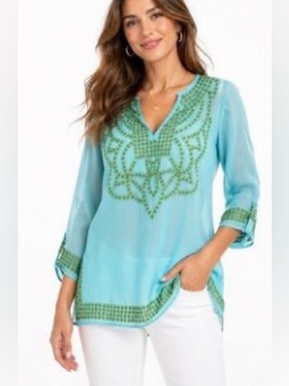Gretchen Scott Designs Aqua Tunic with Green Embroidery. Pit-pit21 (mix53)